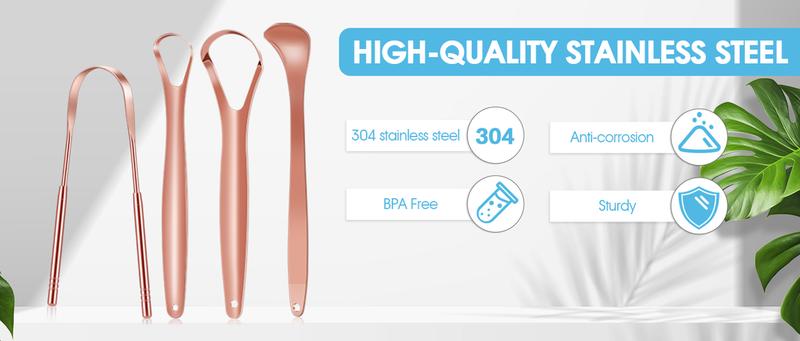 4-Pack Tongue Scraper for Adults and Kids, 100% Stainless Steel Tongue Scraper with Travel Case, 4 Shapes, Perfect for Bad Breath & Oral Hygiene, Easy to Use and Carry, Rose Gold