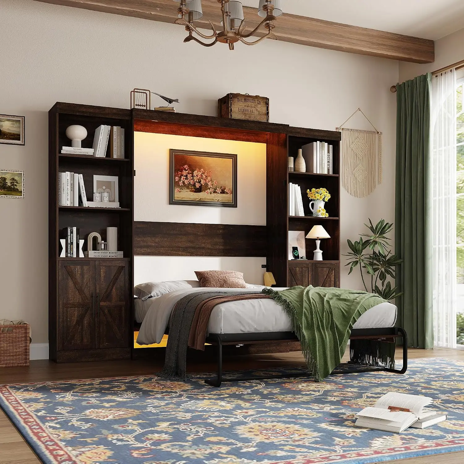 【4Packages Shipping】Full/QUEEN Size Murphy Bed w/2 Storage Cabinet&2 LED Light, Farmhouse Wood Hidden Foldable Wall Bed Frame, Storage Bed Cabinet for Bedroom, Office, Space-Saving, No Box Spring Needed, Brown/Rustic White