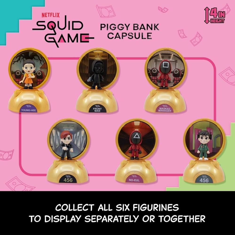 1PC Netflix Officially Licensed Squid Game Mystery Blind Box Capsule - Collectible Figurine Piggy Bank Includes 6 Characters Young-Hee Masked Manager Front Man Random 1 Random Figure per Box Perfect Gift for Fans Family Kids Collectors