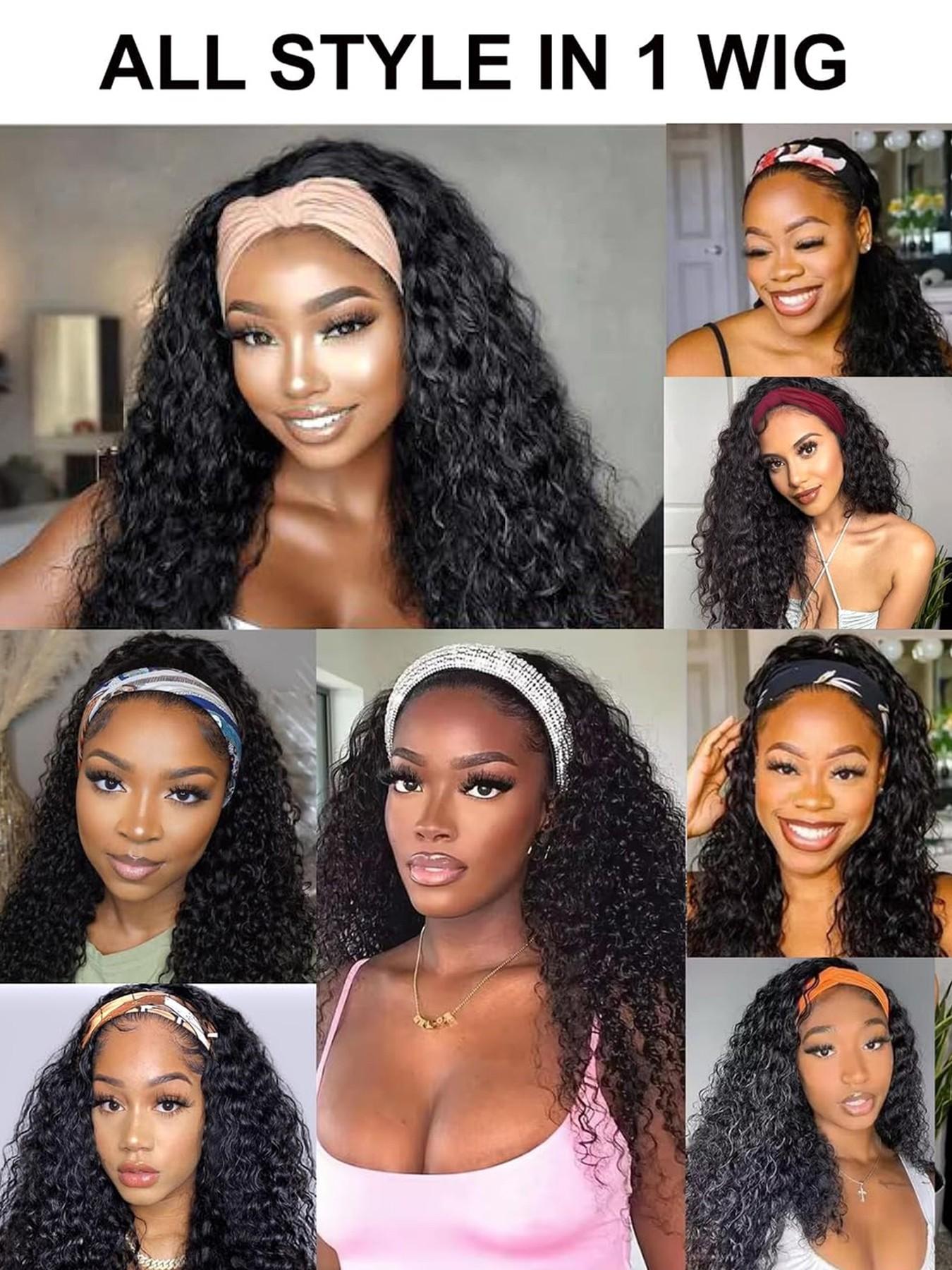 Deep Wave Headband Wig Synthetic Glueless No Lace Curly Wigs For Women Daily Wear Fluffy Effortless Wig