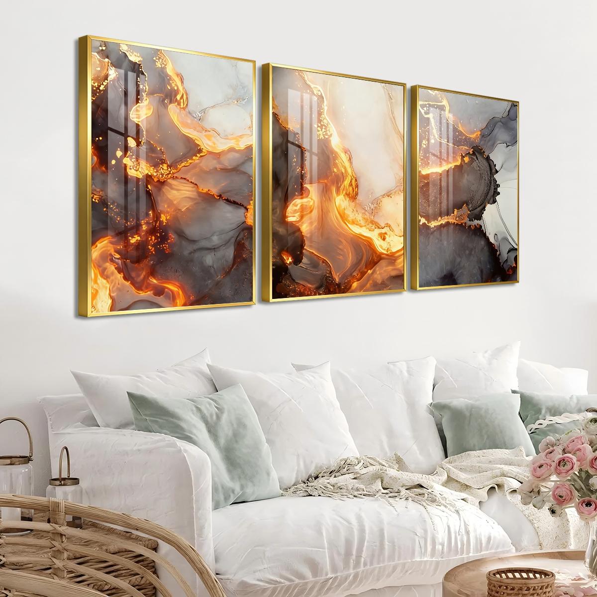 3 Counts Aluminum Alloy Framed Painting, Abstract Golden Lava Flow Pictures, Home Decoration For Living Room, Bedroom, Office, Restaurant, Hallway Wall Decor, Odorless Print Artwork, Luxury Perfect Gift For Friends And Family