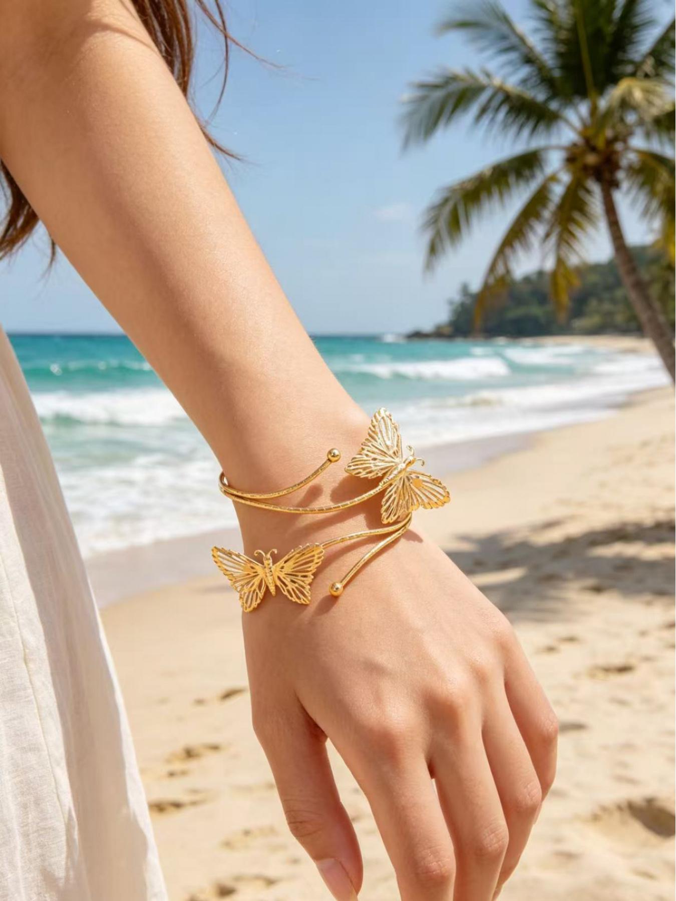 Gold Plated Butterfly Open Cuff Arm Bracelet, Adjustable Double Layer Armlet for Women, Elegant Hollow Out Butterfly Arm Jewelry for Summer Beach & Daily Wear