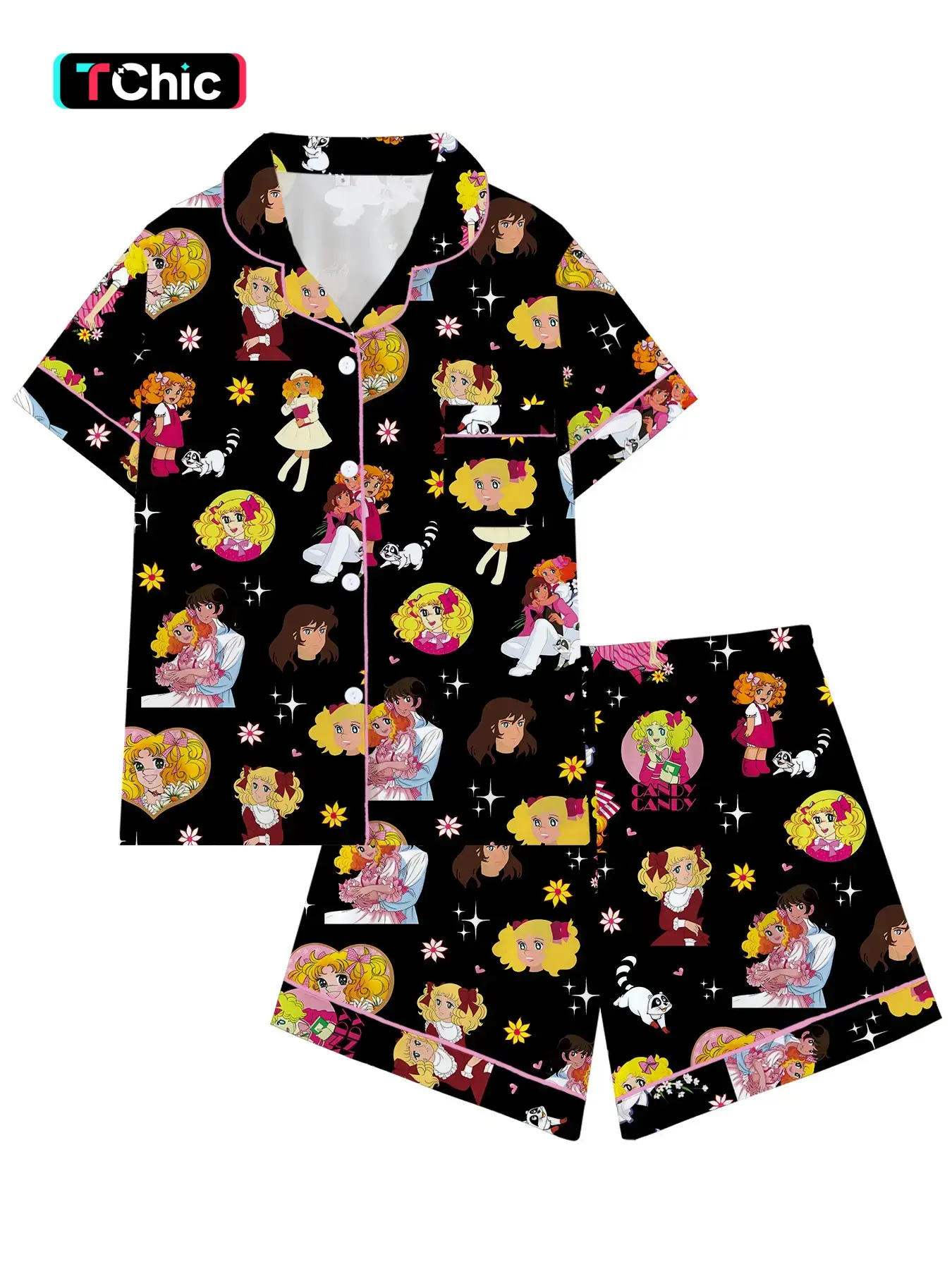 Women's Retro Cartoon Pajama Set, Classic Anime Girl Pattern Button Sleepwear, Soft 2-Piece Short Sleeve Summer Home Wear, Comfortable Vintage
