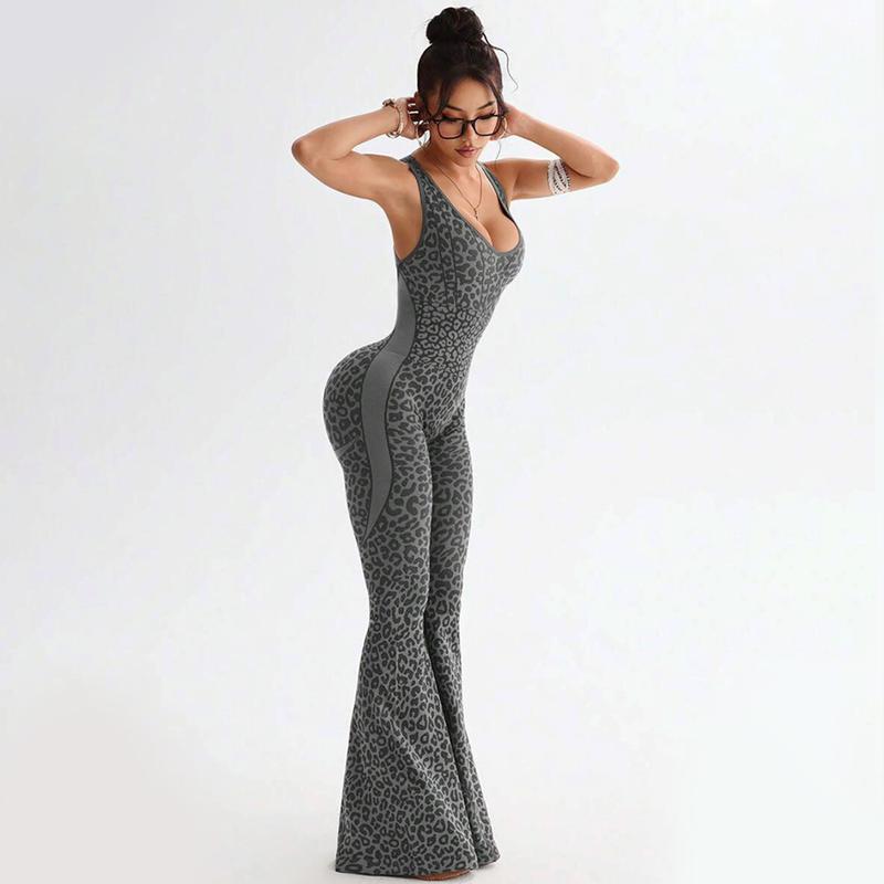 Women's Leopard Print One-Piece Flared Workout Bodysuit, Sexy Hollow Cross Twisted Back Design Fitness Women's Clothing Backless High-Waisted Yoga Jumpsuit stylish activewear Women's Bodycon Workout Tracksuit Set high waist flare leg pant sporty yoga set