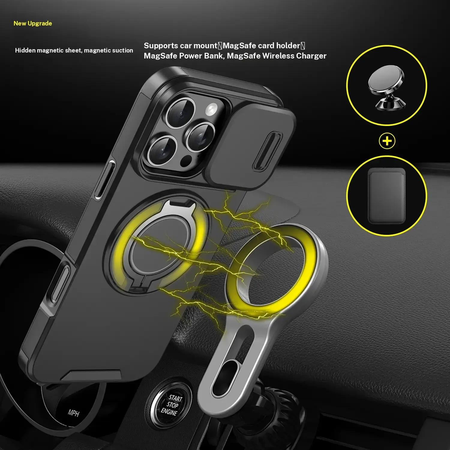 Shockproof Phone Case with Sliding Camera Cover, 360 Rotating Ring Kickstand Stand Phone Case, Phone Accessories for iPhone 17 16 15 14 13 12 Pro Max Plus Air, Casing Military Grade Anti-Drop Magnetic  Multi-function Outdoor Sports Swimming phone case