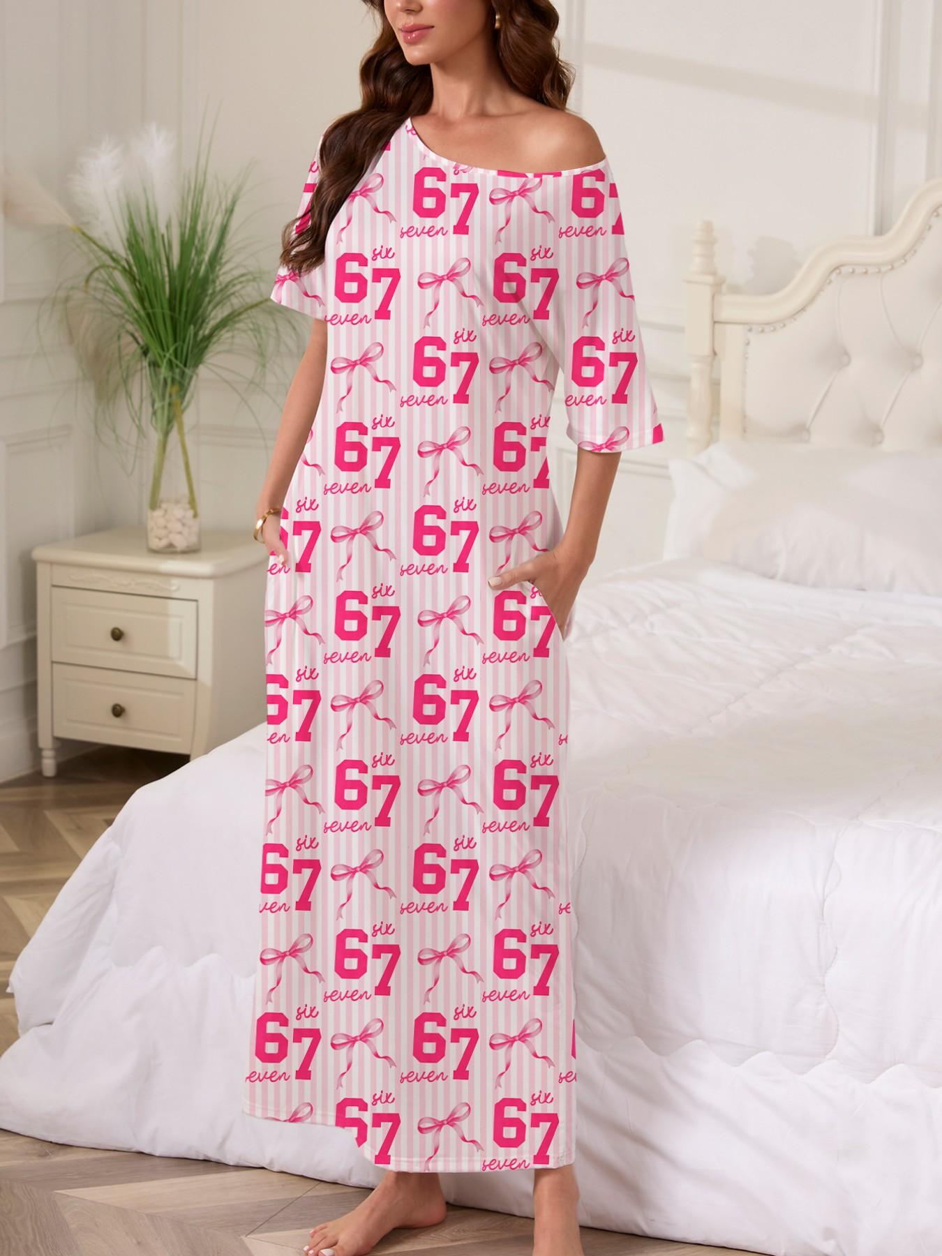 Butterfly Number Print Nightgown, Women's Casual Loose-Fit Short Sleeve Robe, Comfortable Holiday Party Sleepwear, Side Pockets, All Seasons