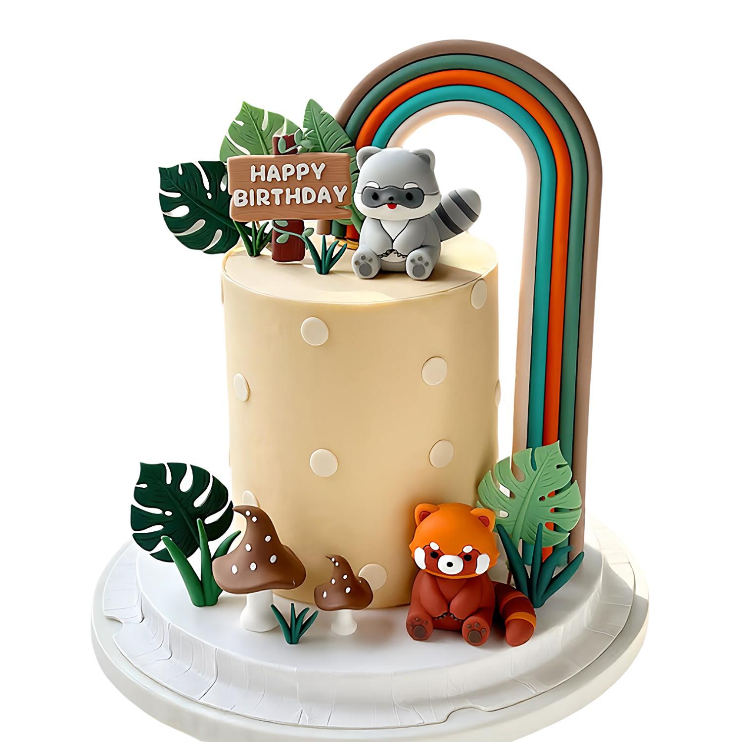 Small Panda Raccoon Forest Cake Decoration Set, Birthday Baking Decorations, Jungle Theme Baby Birthday Dessert Table Decor