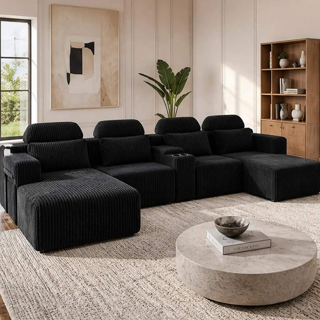 Modern Black L-Shaped Sectional Sofa, 4-Piece Modular Living Room Set with Chaise Lounge and Cup Holders, 145.7 Inch Extra Large 6-Seat Couch for Home Theater and Family Room