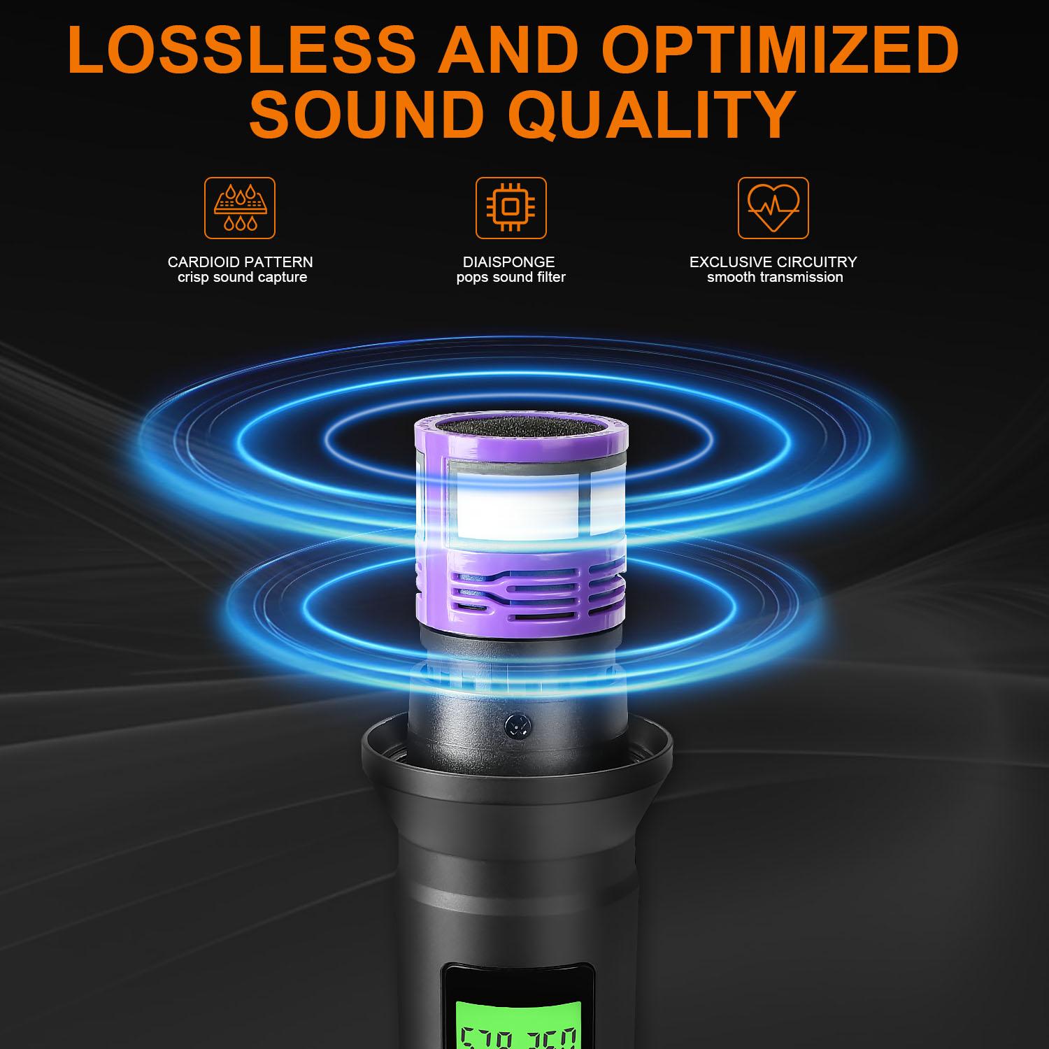 Kaschun Professional 2-Channel Wireless Microphone System, 328ft Long Range, Auto-Scan, 200 Adjustable Frequencies, Dual Handheld Mics for Karaoke, Church, DJ, Party, Singing