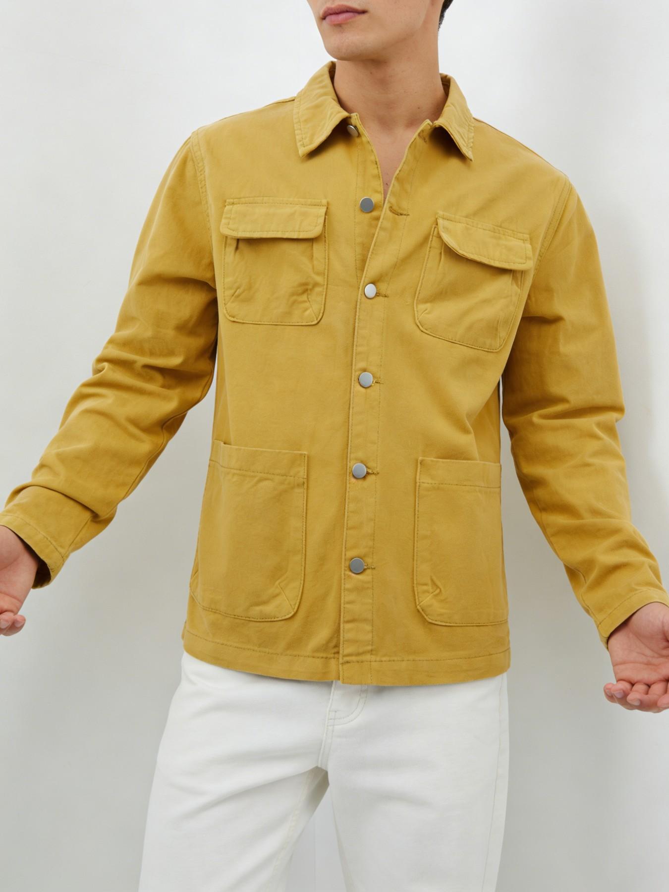 Vintage Mustard Men's Workwear Shirt Jacket, 4 Pockets Metal Button Design, Heavyweight Twill Cotton, Multi-Season City Boy Style