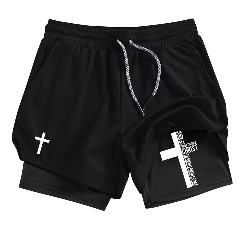 Cross Pattern 2-in-1 Performance Shorts for Men, Summer Breathable Quick Drying Sporty Shorts, Shorts with Pockets, Gym Workout Running Shorts with Phone Pocket Zipper Pocket Towel Loop