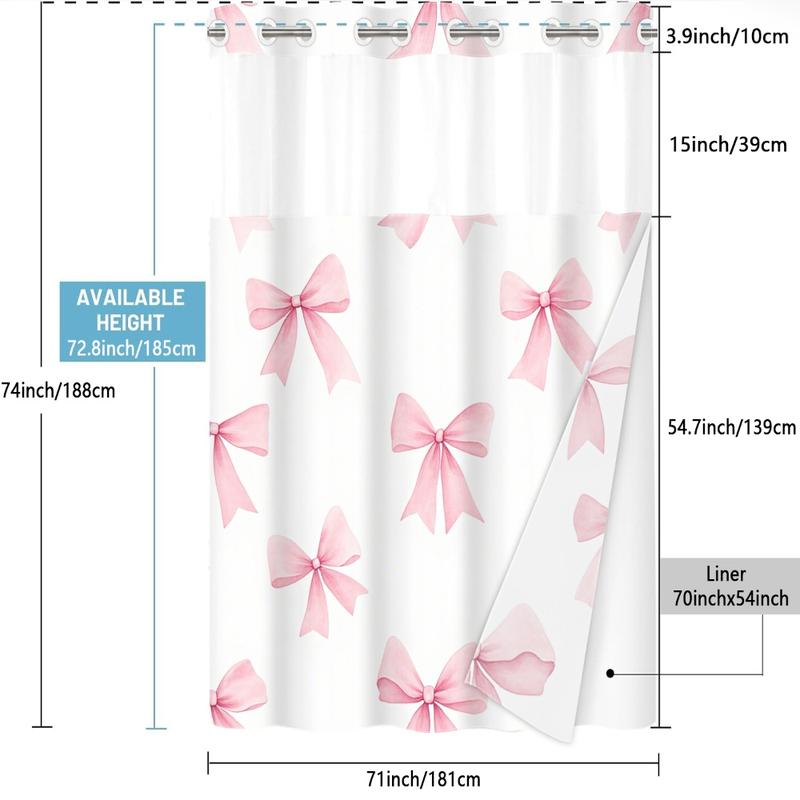 1pc hookless shower curtain with buckle lining, spring pink and white bow pattern design, 2D flat printing, fabric waterproof lining, see-through double-layer shower curtain, 71 x 74 inches, modern home draping curtain, Shower Curtain Liner