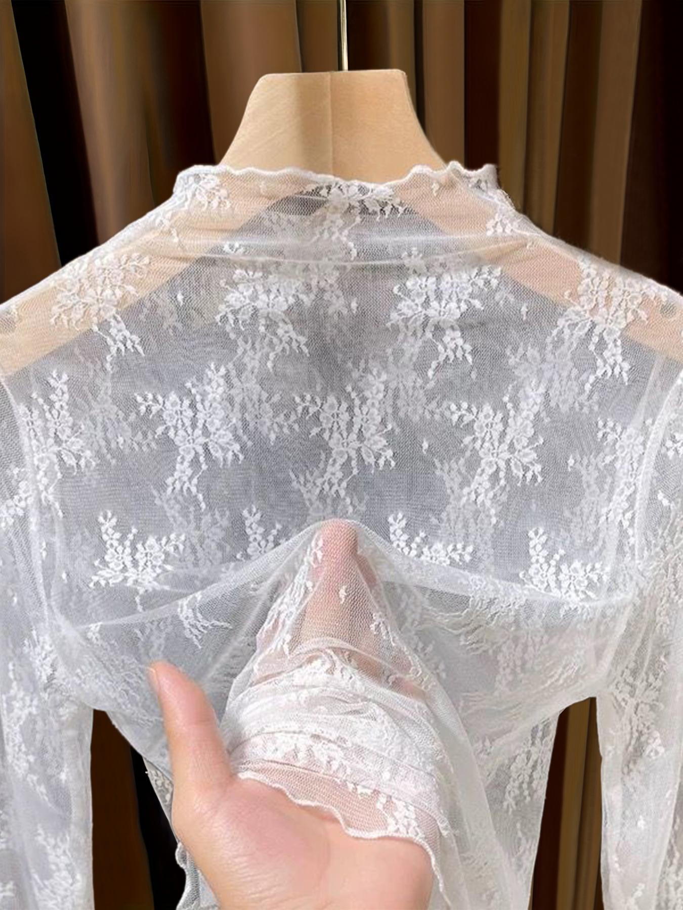 Women's Lace Long Sleeve Top, Lady, Half High Neck Design, Elegant Mesh Fabric, Perfect Inner Layer for Fall & Winter, Blouse, Womenswear