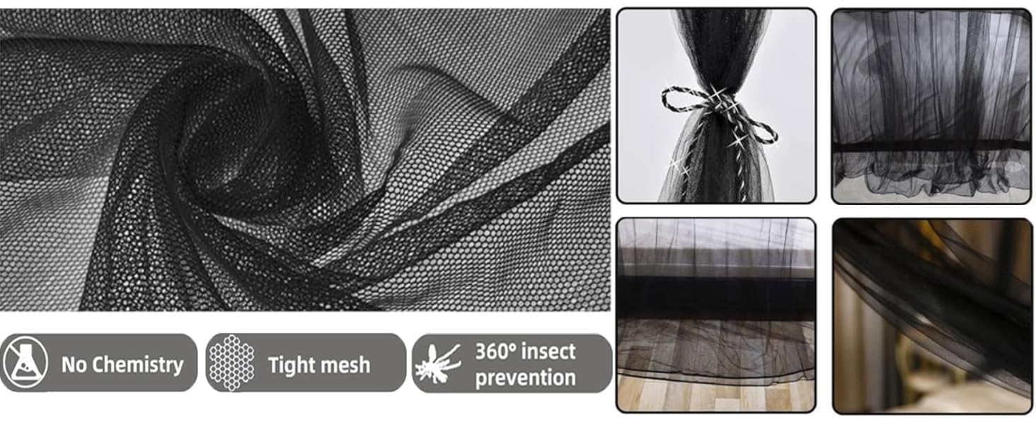 Classic Black Grid Pattern Bed Mosquito Net Curtains with 66ft LED Star String Lights for Starry Night Bedroom Use, 86.6"W x 79"L x 102"H 4-Opening Insect Shield, Fits King/Queen/Full Beds, King Size Fit