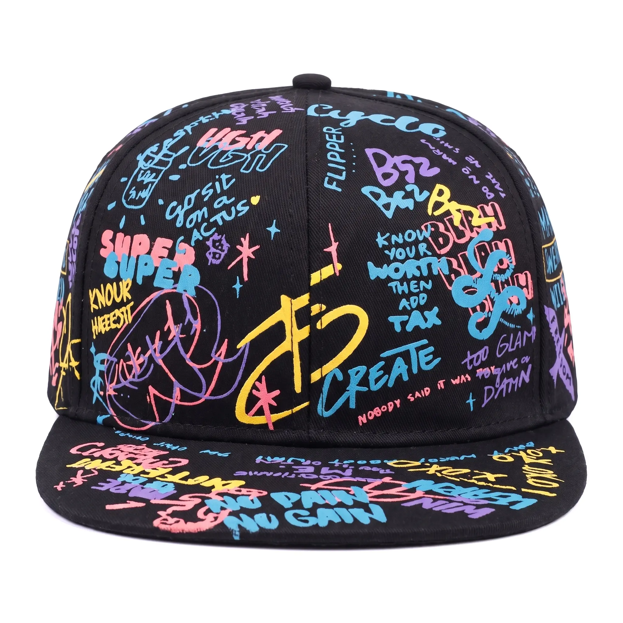 All Over Graphic Print Graffiti Text Doodle Art Hat Alt Fashion Skater Street Wear Trendy Snapback For Men and Women Unique Hip Hop Accessory