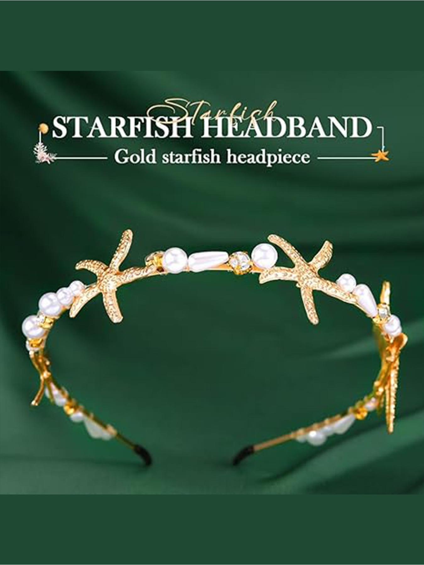 2-piece mermaid starfish hairband set, gold pearl bridal and  display picture 3