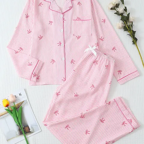 Women's Striped Bow Dot Print Long Sleeve Pajama Set Loungewear Nightwear, Sweet Cute Button Front Top and Pants, Casual Home Wear for All Seasons, Matching Pj Set Pajamas