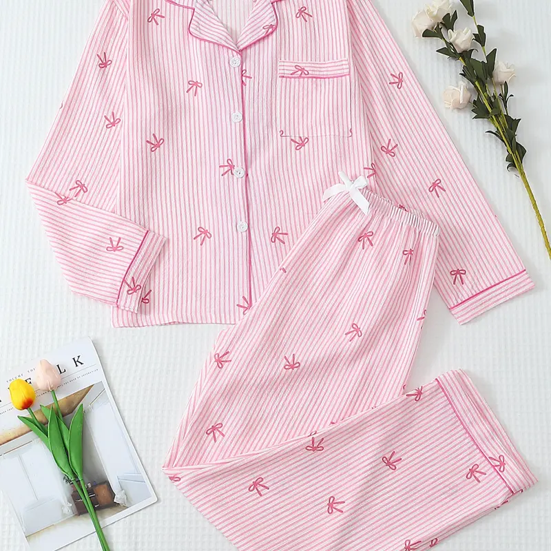 Women's Striped Bow Dot Print Long Sleeve Pajama Set Loungewear Nightwear, Sweet Cute Button Front Top and Pants, Casual Home Wear for All Seasons, Matching Pj Set Pajamas