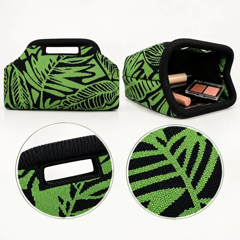 Women’s Green Leaf Cosmetic Bag, Large Capacity Makeup Organizer with Cutout Handle, Knitted Jacquard Travel Toiletry Pouch for Makeup, Skincare, Brushes and Daily Essentials, Portable Beauty Storage Bag for Women, Vacation and Home