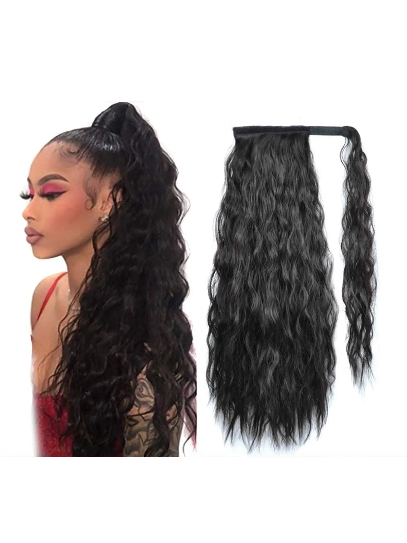 Magic Tape Corn Perm Ponytail Extension Corn Wavy Long Curly Hair Ponytail Wrap Around Synthetic Hair Ponytail Hairpieces for Women
