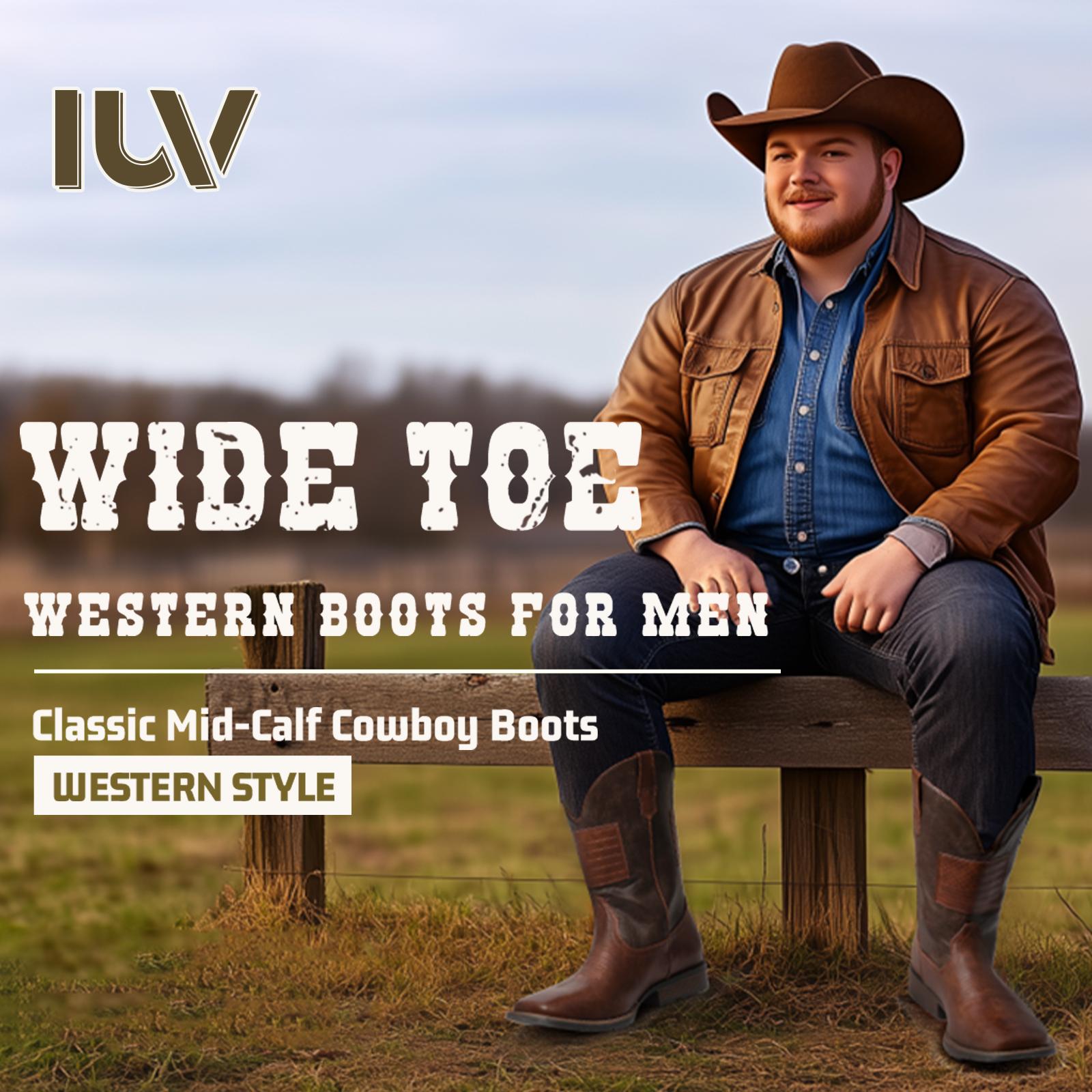 IUV Cowboy Boots For Men Wide Western Boot Traditional American Flag Retro Square Toe Country Work Boots