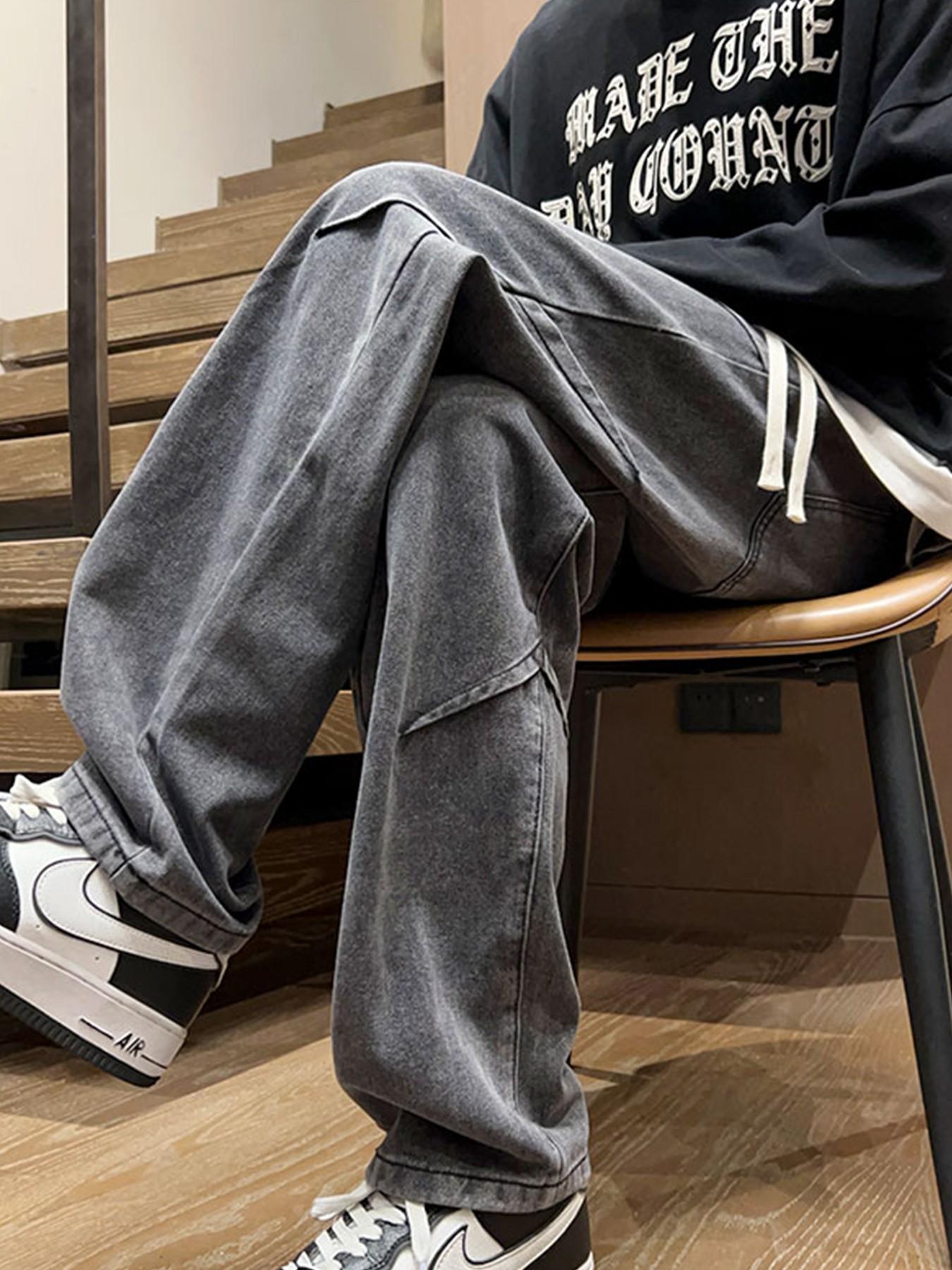 Men’s Light Blue Washed Jacquard Baggy Jeans with Drawstring Waist and Asymmetric Panel Details, Wide Leg Streetwear Denim Pants