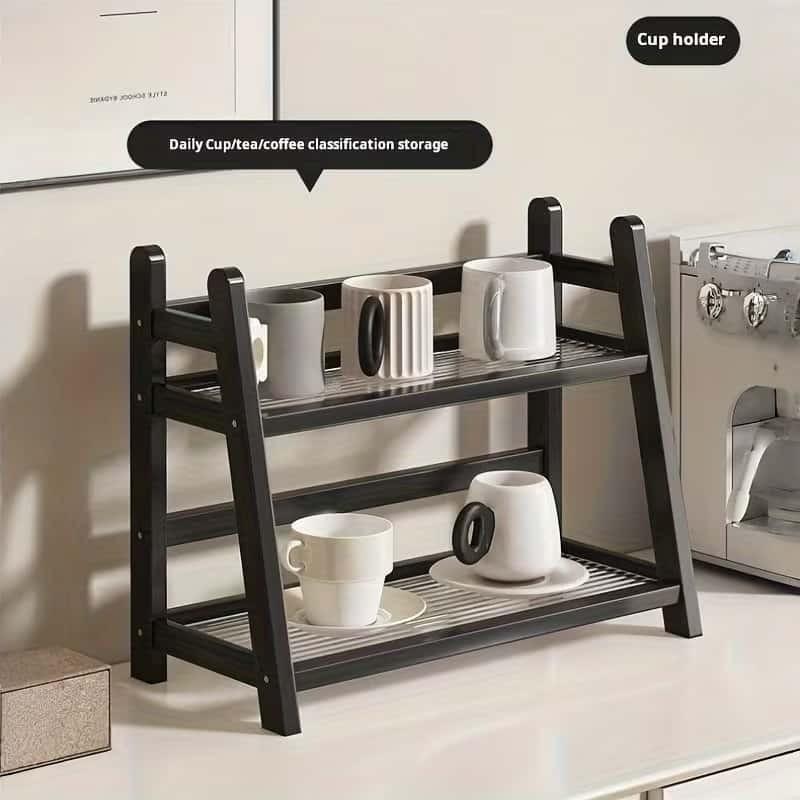 Double Layer Storage Rack, Cup Holder, Mug Organizer, Kitchen and Living Room Use, Small Desktop Shelf, Durable Wooden Material, Space Saving Design, Display Shelf