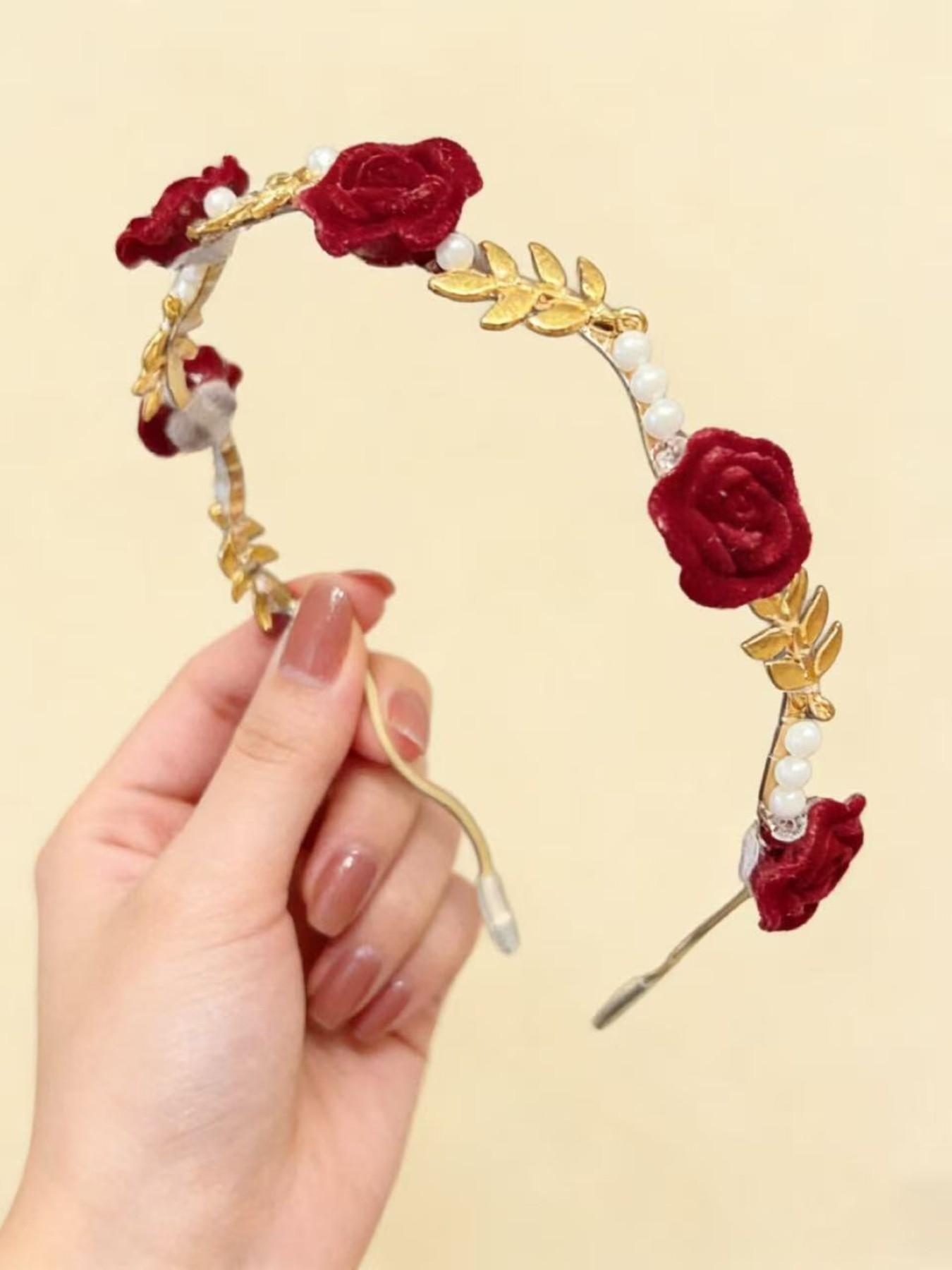 2 Pcs Vintage Rose & Pearl Hairbands, High-Quality Alloy Material, Unique Crown Design, Elegant Floral Pattern, All Seasons Headwear