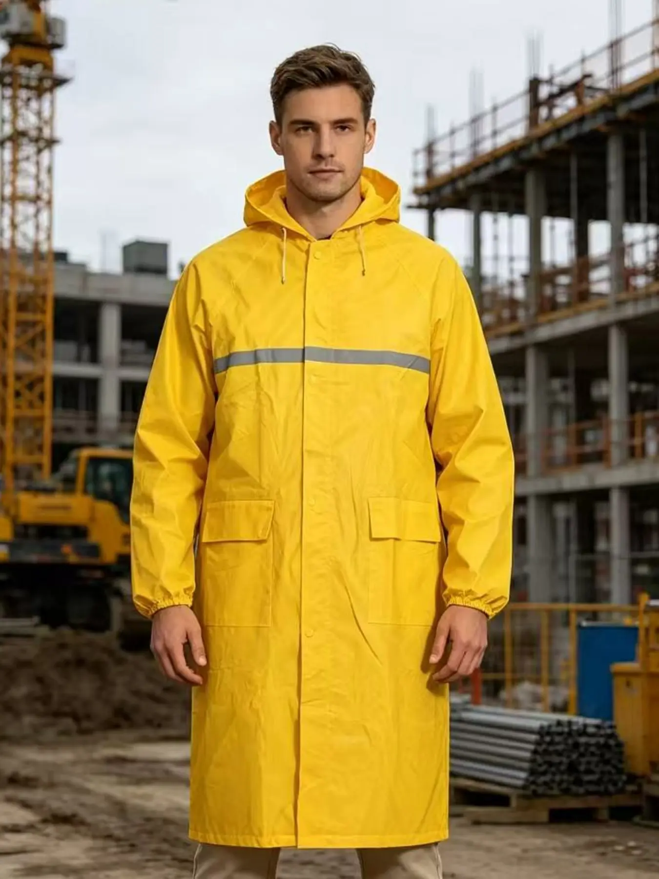 Men's Classic Long Raincoat, High Visibility Reflective Hooded Jacket, Long Sleeves, Waterproof Windproof Fabric, Drawstring Hood Design, Ideal for Transportation, Construction, Fishing