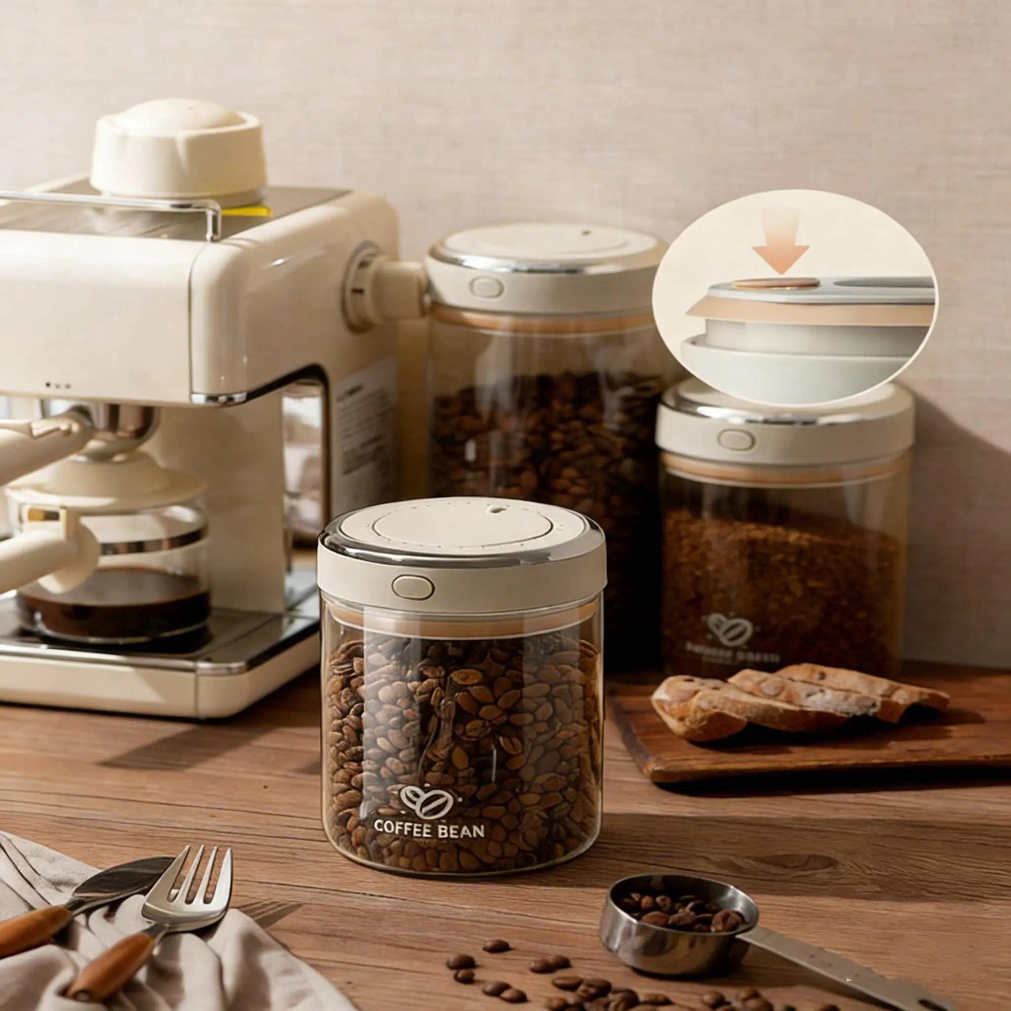 Coffee Bean Storage Jar, Glass Tea Canister, One-Way Vent Vacuum Seal Coffee Powder Container, Grain Organizer, Kitchen Spice Salt Keeper