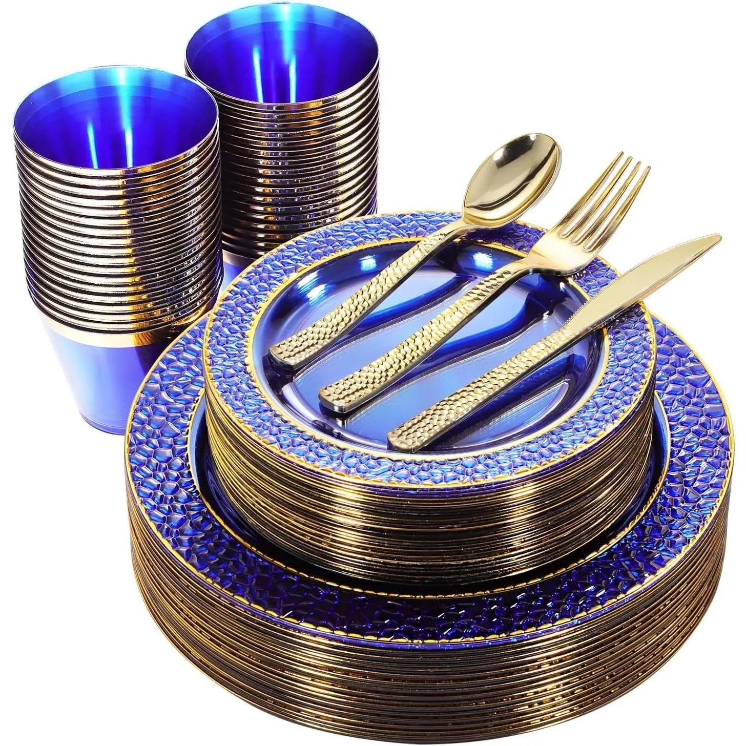 150PCS Clear Blue with Gold Hammered Silverware Set