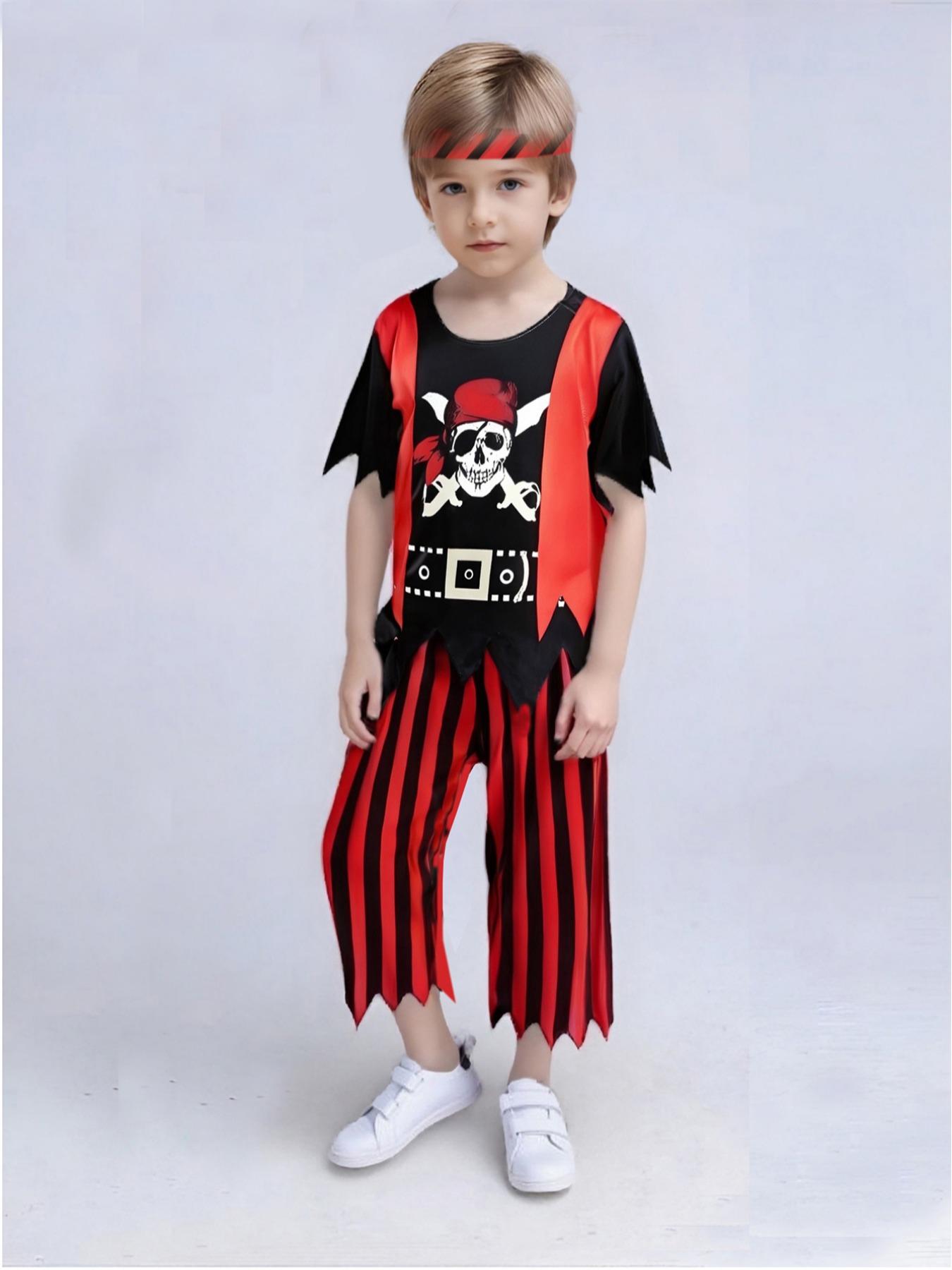 Kids Pirate Role Play Costume Set, 3-Piece Including Headband, Top, Pants, Perfect for Boys & Girls Holiday Performances