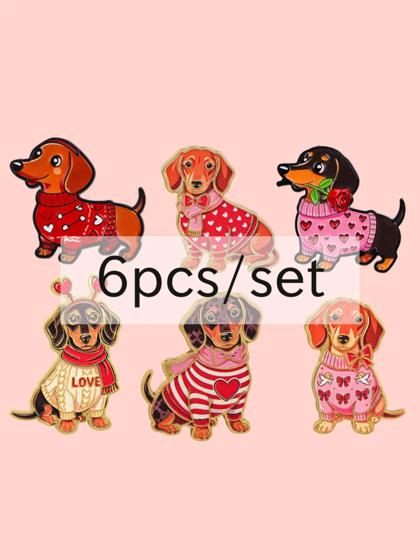 6pcs/set Cute Sausage Dog Enamel Pins, Fashionable Animal Print Brooches, Daily Wear Accessories, Valentine's Day Gift