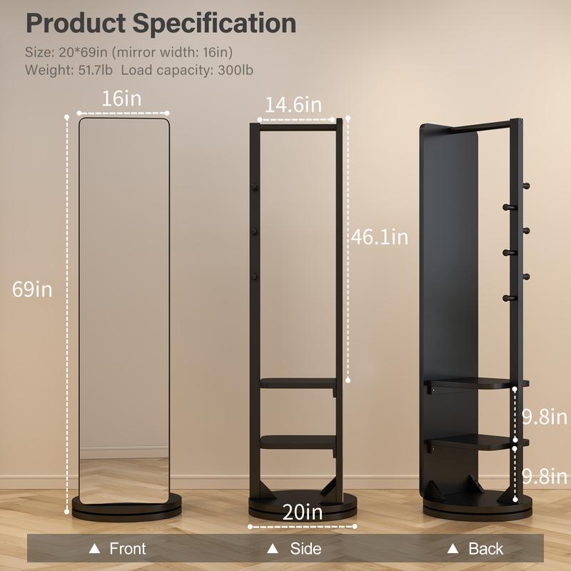 【HOT】Full Length Mirror,Full Body Mirror Solid Wood Floor Mirror with Coat Rack, Full Length Mirror with Stand Long Mirrors for Bedroom,Living Room, Multifunctional, Space Saving