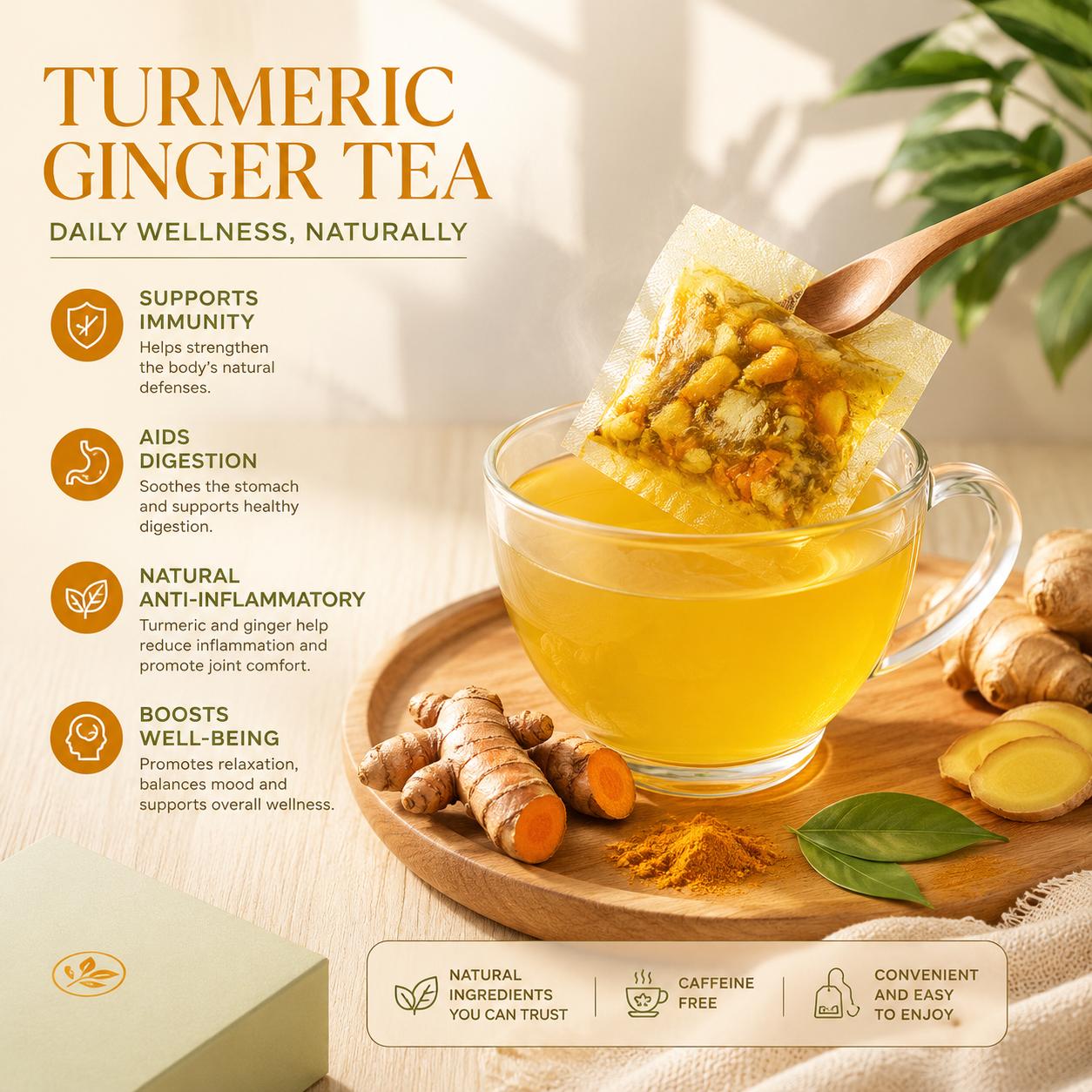 Premium Turmeric Tea Herbal Anti-Inflammatory Tea, Eco-Friendly Tea Bags, Contains Turmeric, Ginger and Cinnamon, Caffeine Free Detox Tea, Sugar Free Gluten Free Vegan Non-GMO, Keto-Friendly 100% natural