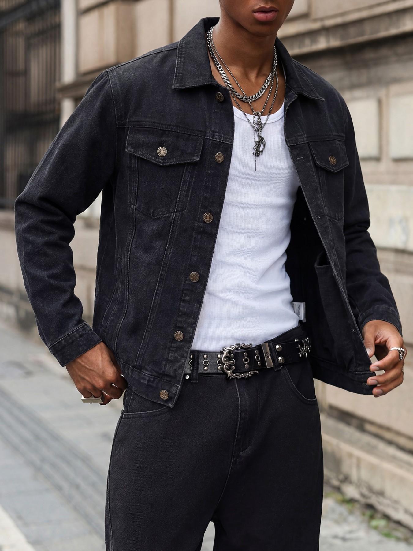 Men's Vintage Washed Black Denim Jacket for Autumn and Winter, Work Jacket with Metal Buttons and Turned Collar, Distressed Cropped Outerwear, Street Vintage Boyfriend Casual Style Top