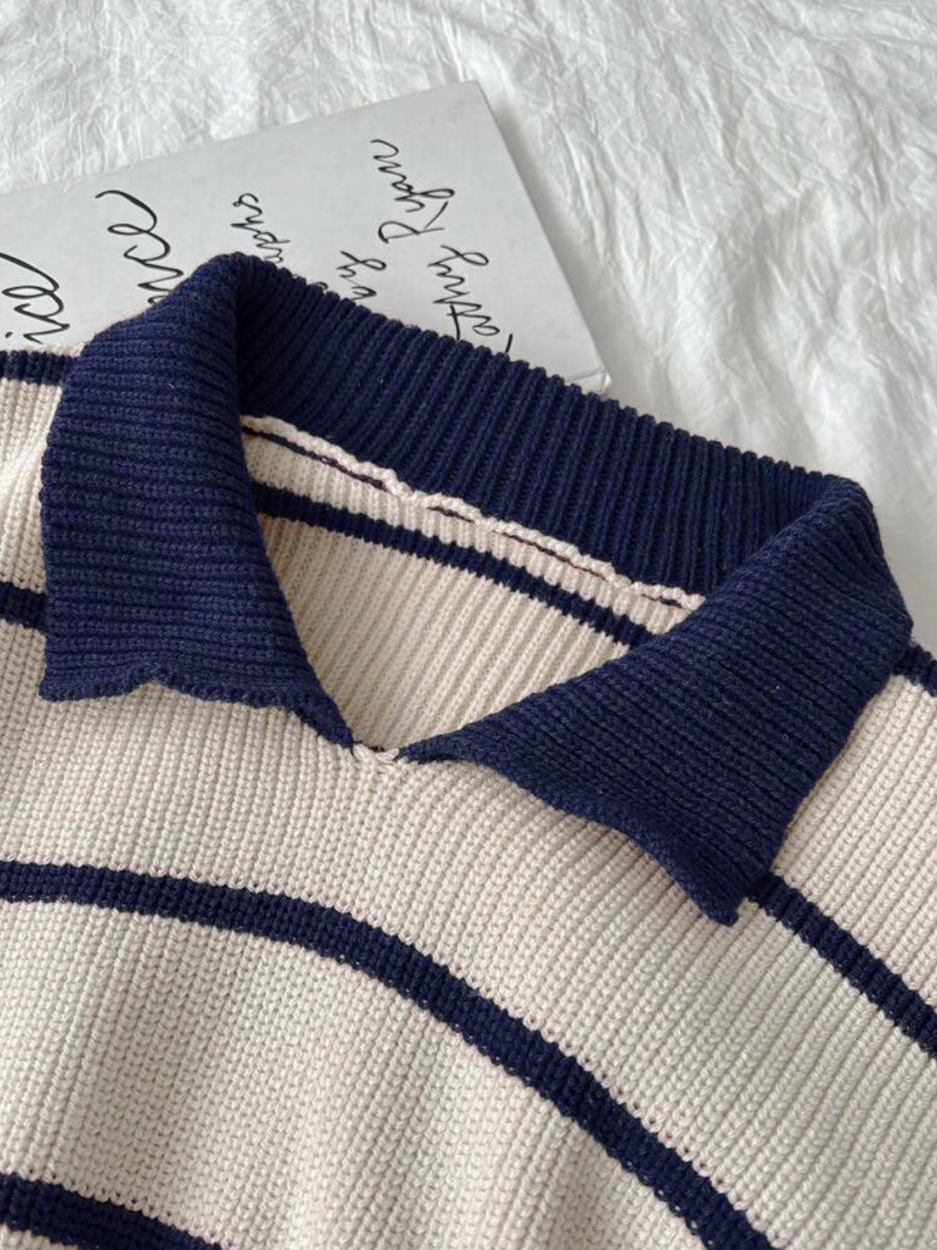 Autumn Winter Striped Polo Neck Long Sleeve Pullover Sweater, Fashionable Lazy Casual Loose Fit Knitwear, Versatile Style, Womenswear