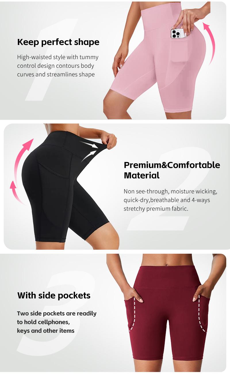 5pcs Women's High-Waist Stretchy Athletic Shorts, Breathable Compression Bike Yoga Workout Shorts with Pockets, Quick-Dry Baselayer Running Leggings SpringStatements