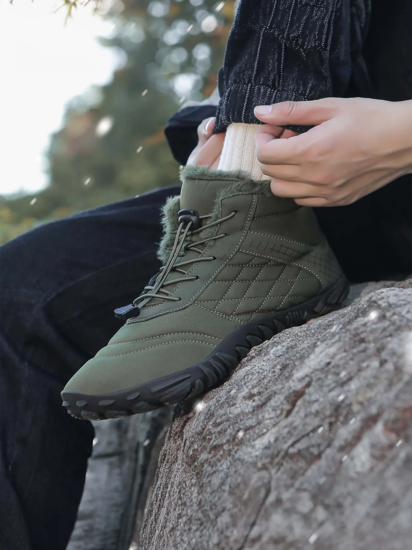 Men’s Fleece Lined Warm Barefoot Snow Boots, Wide Toe Box Zero Drop Quick Slip-On Lock Drawstring, Water Resistant Non-Slip Winter Ankle Boots for Commute & Trail Hiking