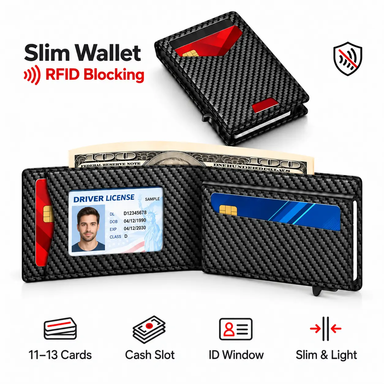 Men's RFID Protected Slim Carry Bifold Wallet - 1 ID Window, Pop-Up Card Holder, Money Clip, Gift Box Included - for Summer Vibes, Outdoor Fun, Mens Wallet, Wallets,techvibes