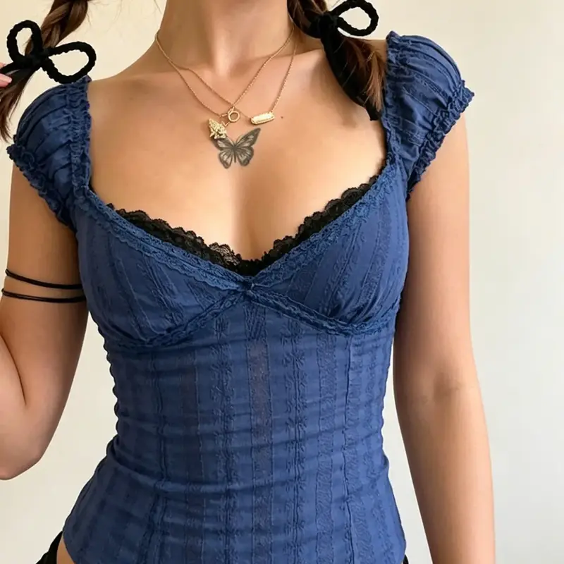 French Girl Style Blue Textured Lace Blouse, Y2K Vintage Ruched Bubble Sleeve, Summer Crop Top, Casual Patchwork Design, Puff Short Sleeve