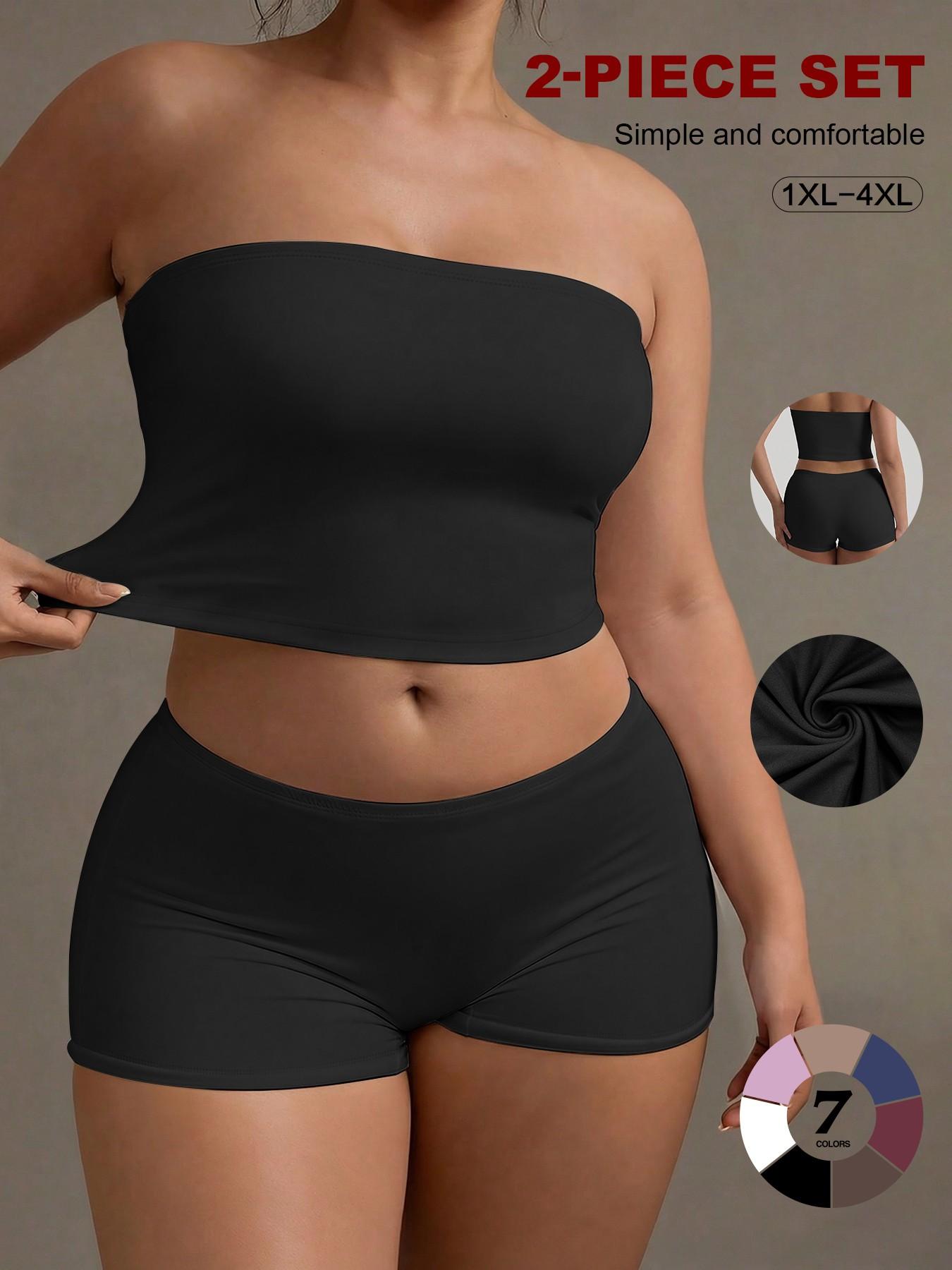 Plus Size 2 Piece Basic Tube Top and Shorts Set, Soft Stretch Strapless Lounge Set, Comfortable and Stylish, Perfect for Relaxing at Home, Womenswear