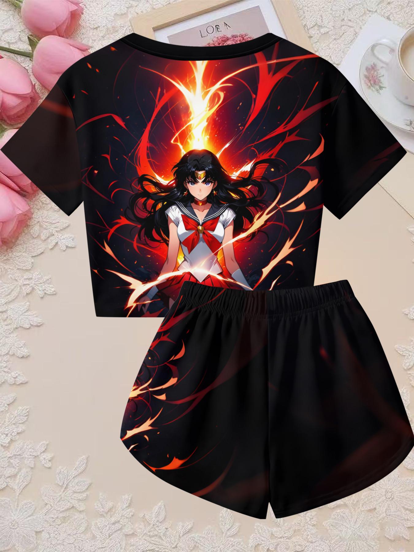 Girls' 3D Sailor Moon Theme Print Set, Flame Two-Piece, Perfect for Parties, Gifts, Birthdays, Casual Slim Fit