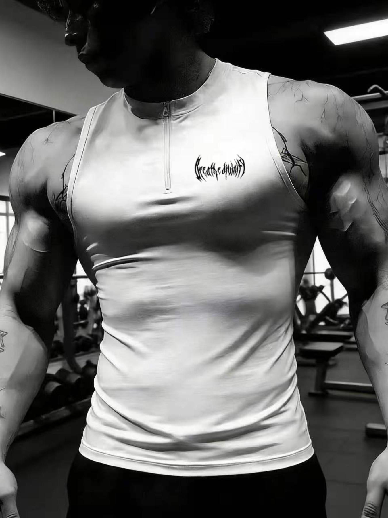 Viral Death Metal Print Compression Tank Top | Men's Half Zip Gym Stringer | TikTok Trendy Bodybuilding Apparel