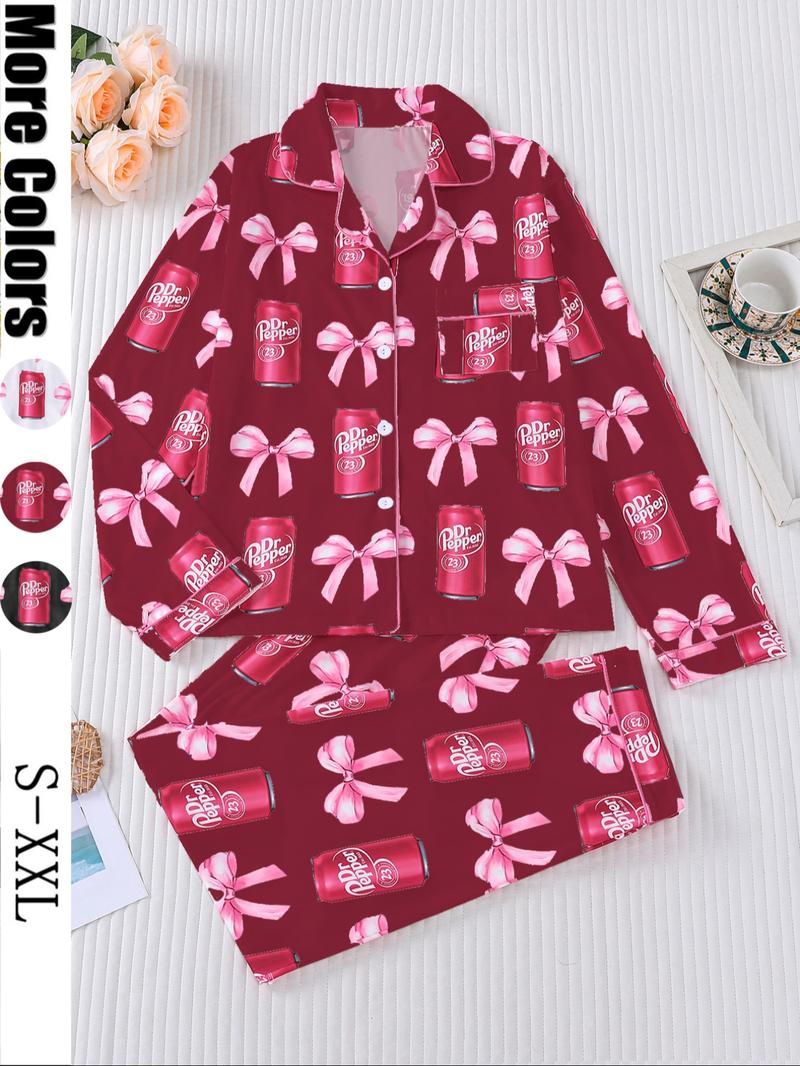 Women's Fall Winter Long Sleeve Sleepwear Set, Casual Soda Print Soft Fabric PJ Set, Comfortable Lapel Top & Wide Leg Pants Women's Fall Winter Long Sleeve Sleepwear Set, Casual Soda Print Soft Fabric PJ Set, Comfortable Lapel Top & Wide Leg Pants