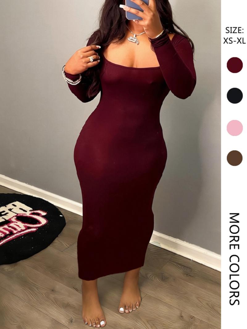Women's Casual Tight-Fitting Dress, Low Neckline, bodycon dress，Plain Color, Spring & Fall Fashion, Moderate Fabric Thickness, Kint Style