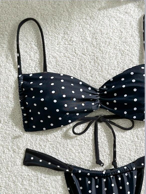 2026 Women's Polka Dot Strapless Bandeau Bikini Set, Removable Wide Shoulder Straps, Vintage Style for Beach and Pool, Bandeau Bathing Suits, Swimsuit Set