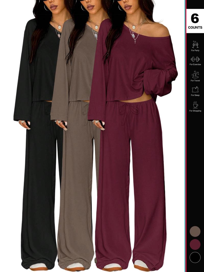 2026Women's Two-Piece Set, Long Sleeve Casual, Breathable Elastic Waist Pants, All-Season Basic Sleepwear, Comfortable Loungewear