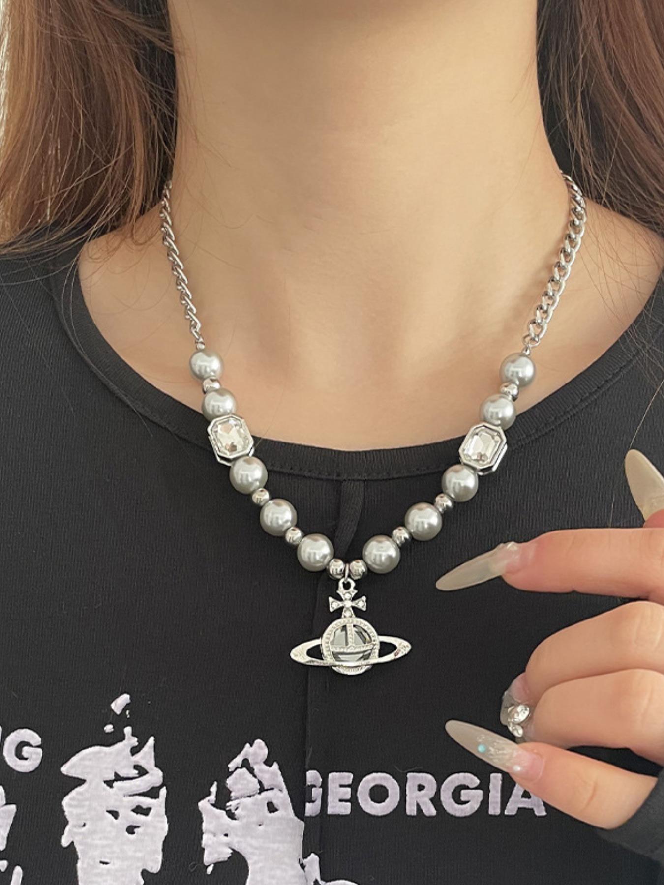 Fashionable Saturn Gray Pearl Pendant Necklace Unisex Hip-Hop Style & Sweater Chain Accessory Charm Necklaces Elevate Everyday Outfits with This Delicate, Trendy Jewelry Gift