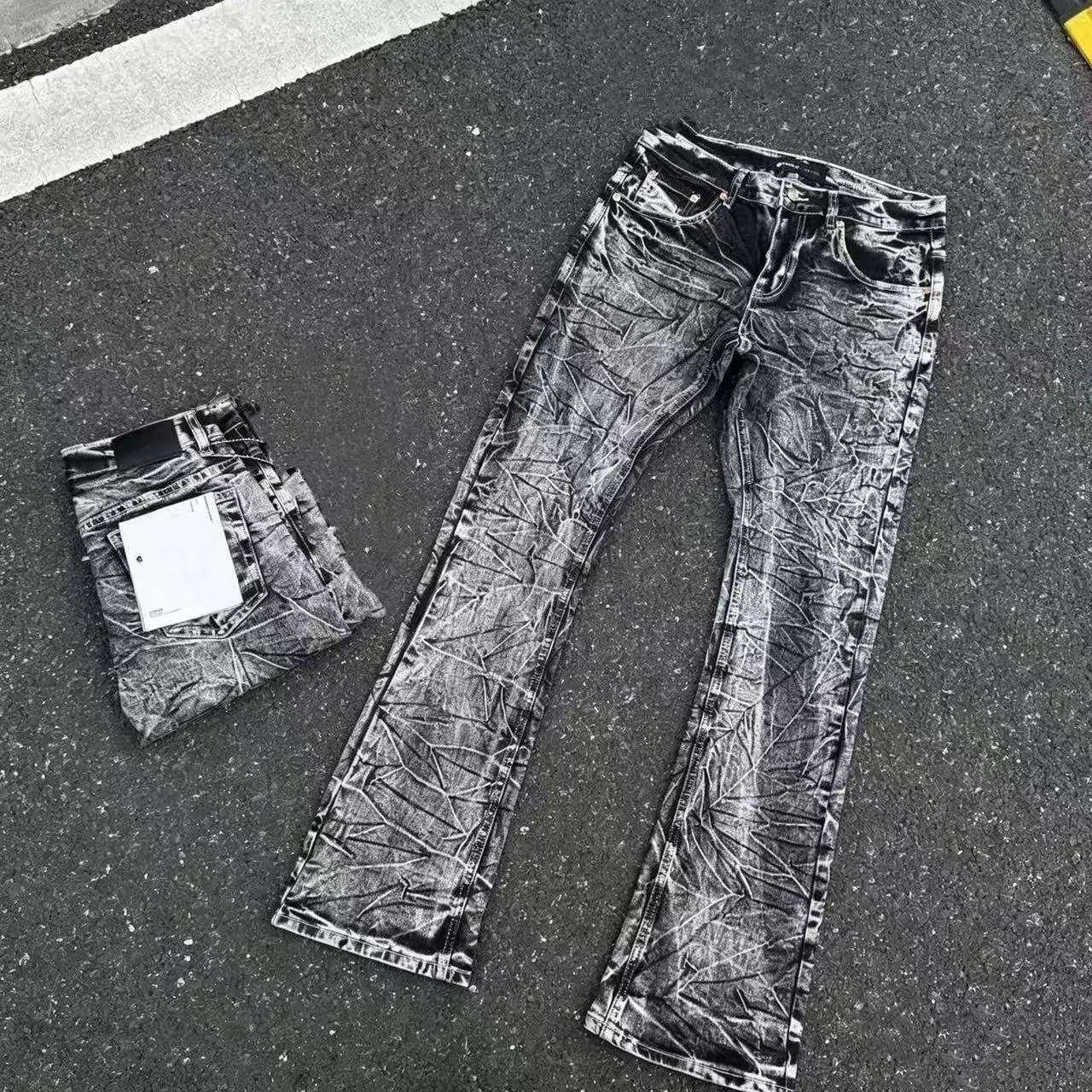 Men's High Cotton Slim Fit Stacked Bootcut Jeans, Vintage Black Crinkle Textured Distressed Denim Pants for Hip Hop Streetwear Casual Daily Outfits